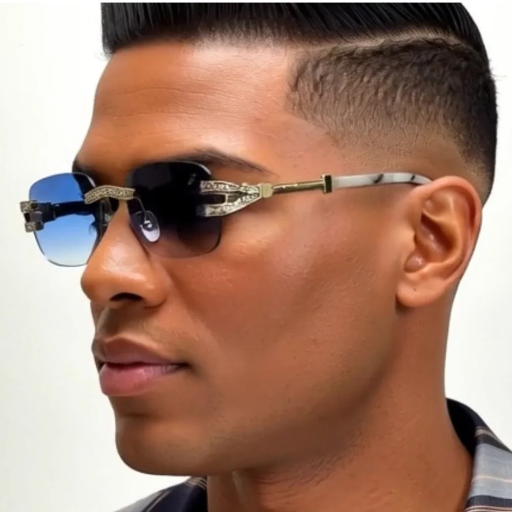 Rhinestone Rimless Sunglasses Blue Lens Marble Gold Accents Street‎ Wear Lentes